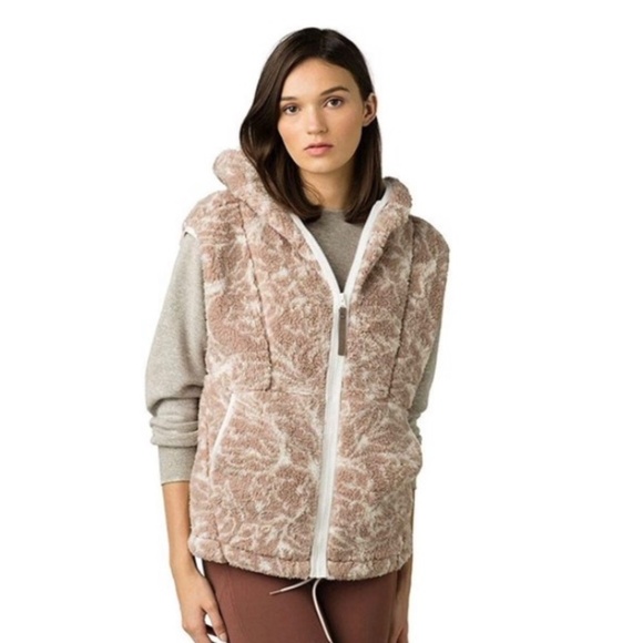 Prana Womens Polar Escape Vest Tan Sherpa Hoodie Full Zipper Jersey Lined Medium - Picture 1 of 16